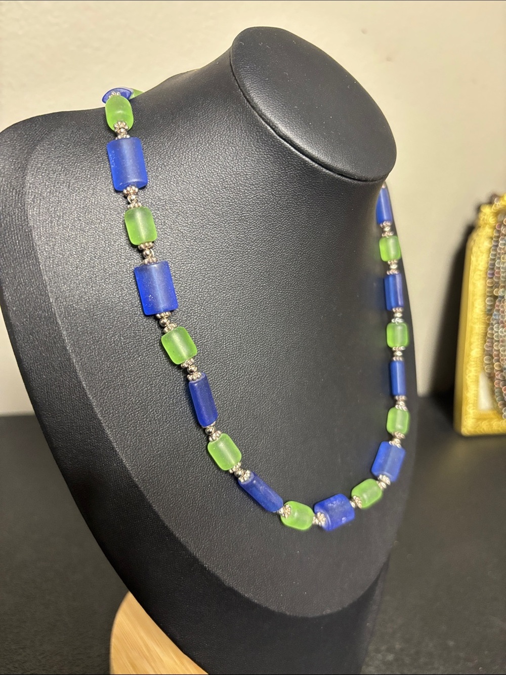 Vintage Glass Blue and Green Beaded Necklace - Picture 2 of 7